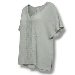 Kona Sol Sage Green Gauze V-Neck Crochet Trim Top Women’s Large